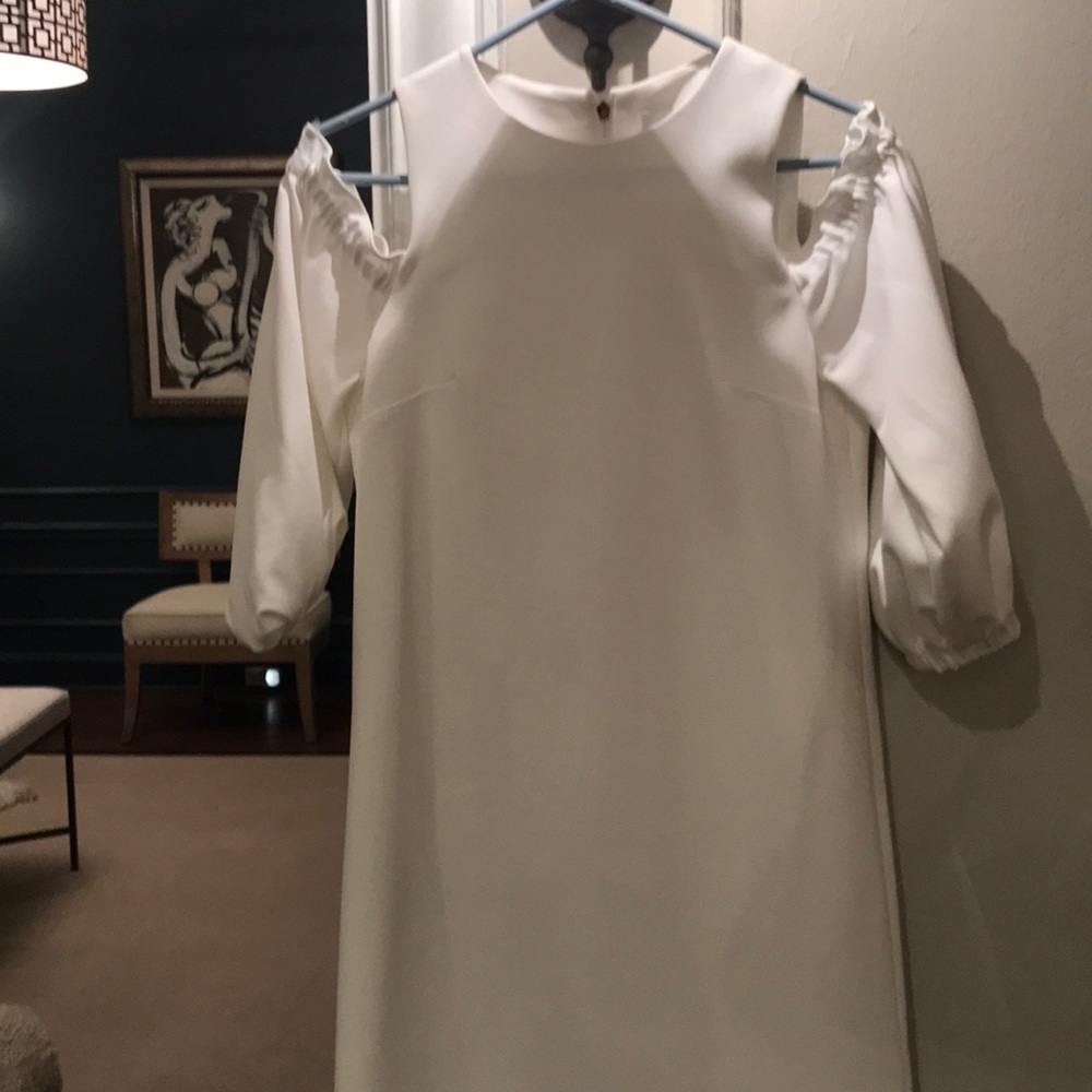 TIBI cold shoulder white dress.